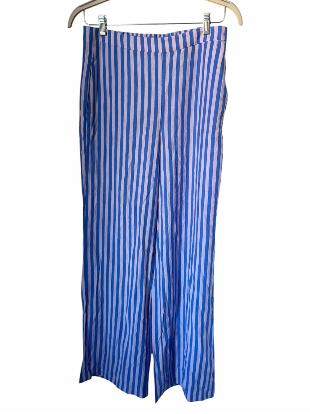 Mango Blue Light Pink Striped High Waisted Wide Leg Pull On Pants Flowy Loose